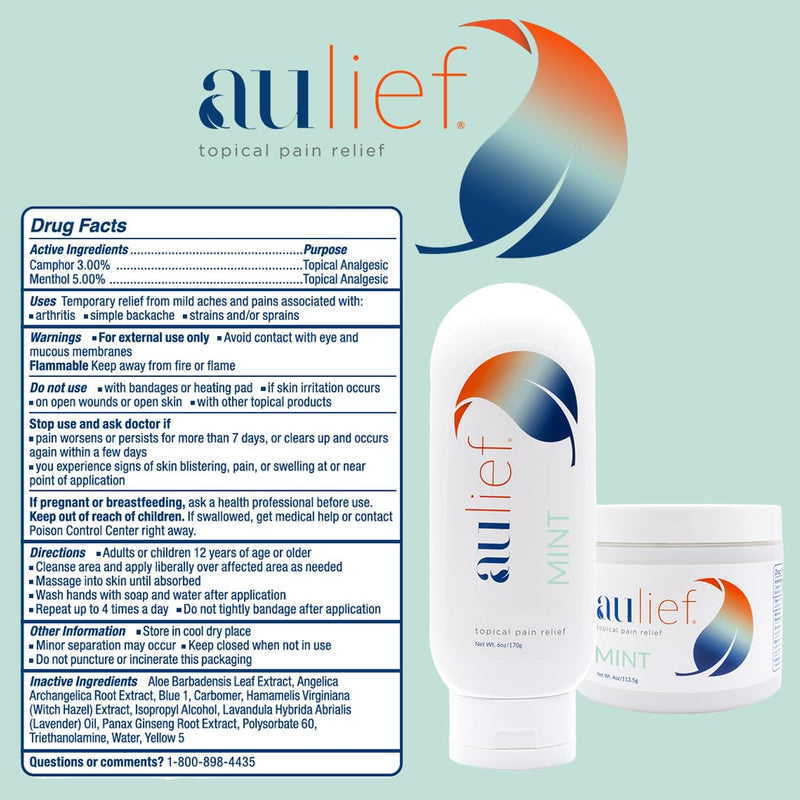 [Australia] - Aulief Topical Pain Relief Cream for Neck Pain Relief, Knee Pain Relief, Back Pain Relief and Other Muscle and Joint Pain, FSA HSA Approved, Mint Green Gel, 6 oz Tottle 6 Ounce (Pack of 1) 