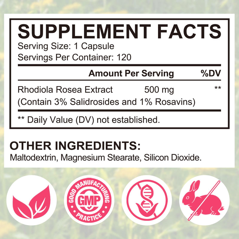 Rhodiola Rosea 500 mg Capsules – Standardised Herbal Extract – 120 Vegan Capsules – Food Supplement for Everyday Wellbeing