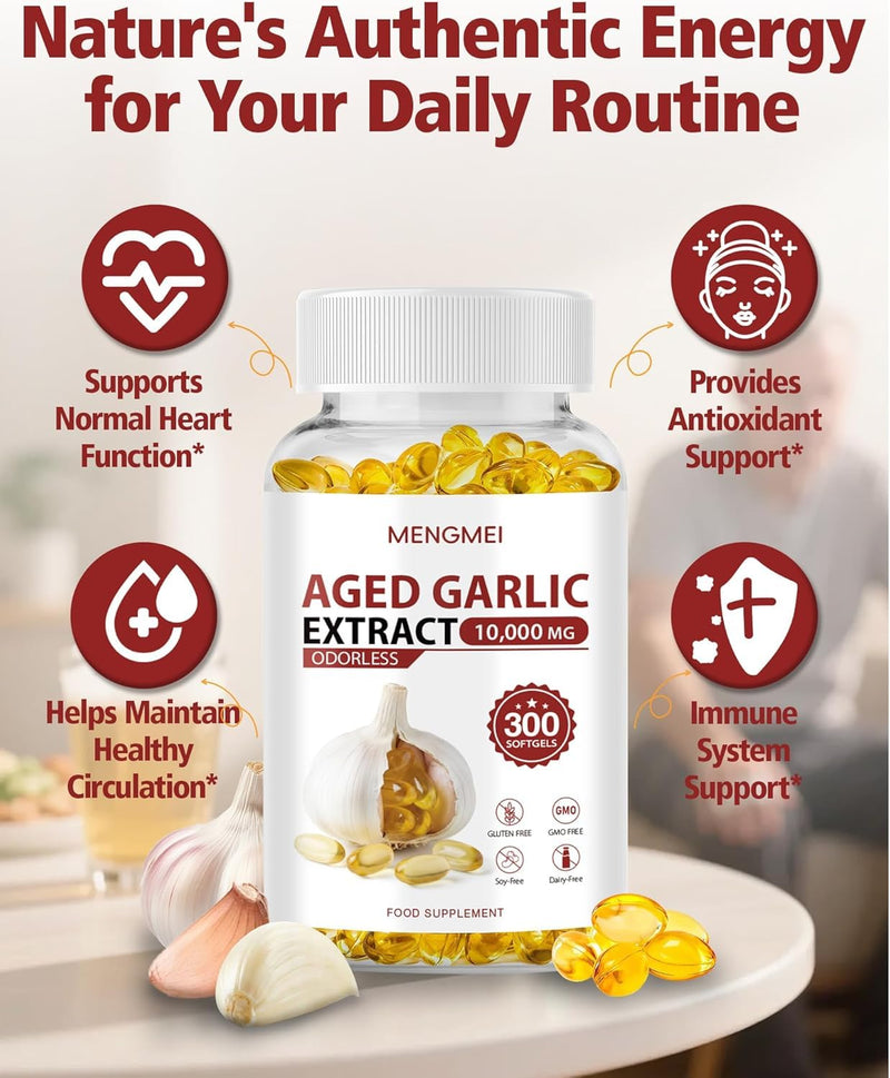 Aged Garlic Extract Odorless Softgels, 20:1 Concentrate, Daily Immune & Heart Health Support, 2 Year Aged Garlic Supplements for Men & Women, 300 Count 300 count (Pack of 1)