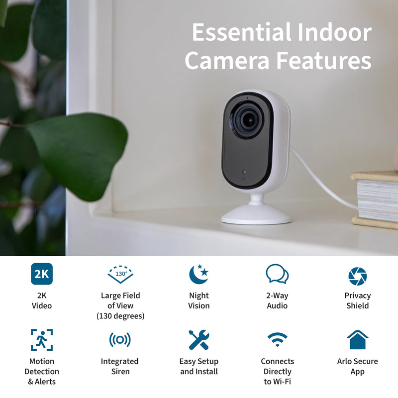 [Australia] - Arlo Essential Security Camera 2K | Indoor Only| 2nd Gen | Baby Monitor & Pet Camera | Wired Automated Privacy Shield, 2-Way Audio, Night Vision, Live Stream, Motion Alerts & Notifications White,1 Cam 2K Indoor 2nd Gen 1 Camera 