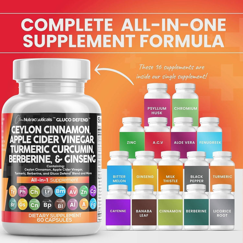[Australia] - Clean Nutraceuticals Ceylon Cinnamon 3000mg Turmeric 3000mg Apple Cider Vinegar 3000mg Ginseng 2000mg Berberine 1200mg Plus Bitter Melon Gymnema Milk Thistle Fenugreek 
