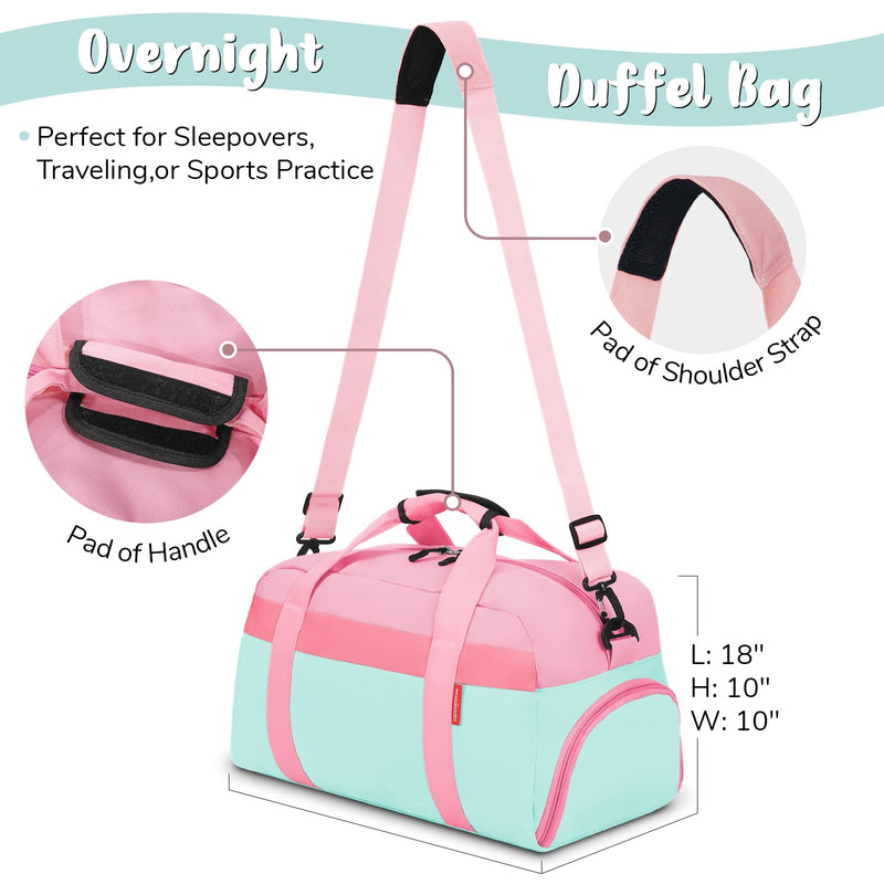 WOOMADA Travel Duffle Bag, Weekend Bag with Wet Pocket & Trolley Sleeve, Overnight Bag With Shoe Compartment, Fit for Sports Practice, Travel and Gifts(pink green) pink green