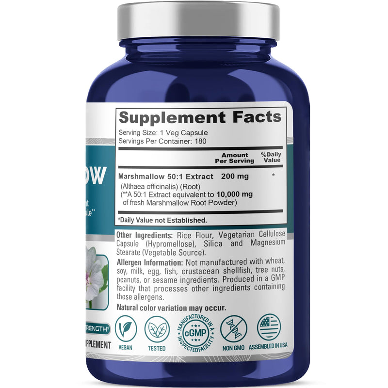 [Australia] - NusaPure Marshmallow Root 50:1 Extract, 200 mg Equivalent to 10,000mg Per Veggie Caps 180 Count (Non-GMO, Vegan) Bioperine 