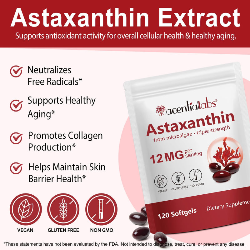 [Australia] - Astaxanthin Supplements 12mg - 120 Softgels | Premium Natural Antioxidant from Microalgae | Eye, Skin, Brain, Joint, Heart & Immune Health Support | Non-GMO, Gluten-Free 