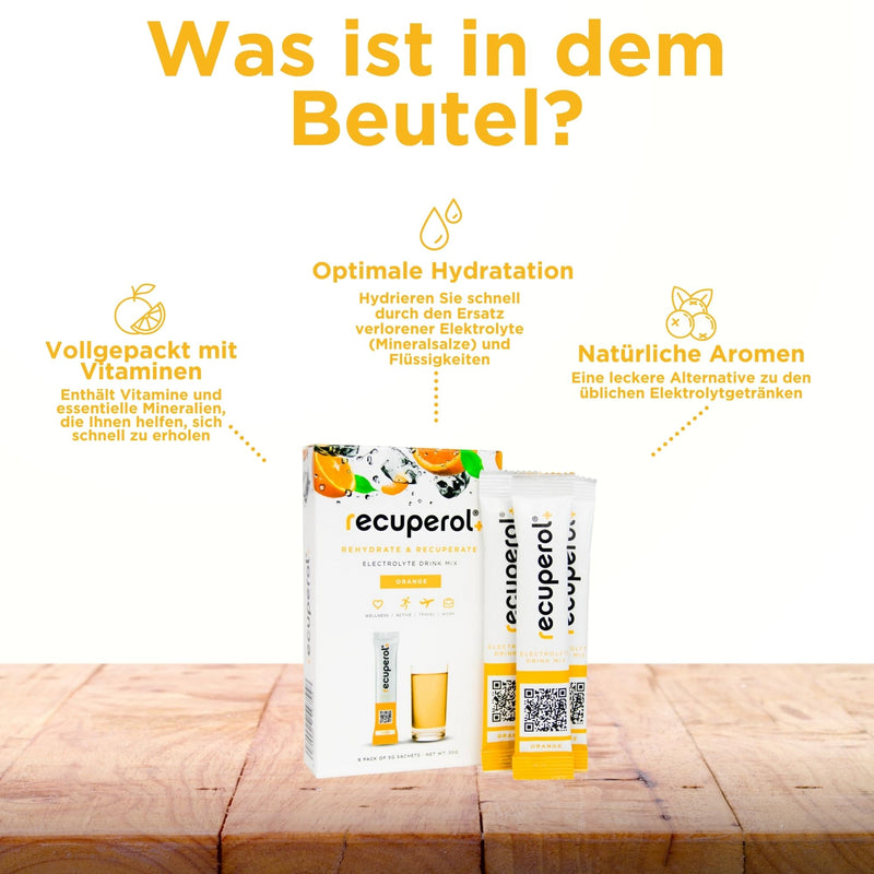 Recuperol Electrolytes Sachets - Rehydration Electrolytes Powder with Zinc, Vitamin C, B12, D3 & Potassium for Hydration - Sugar Free, Vegan & Low Calorie - Orange 20 Pack