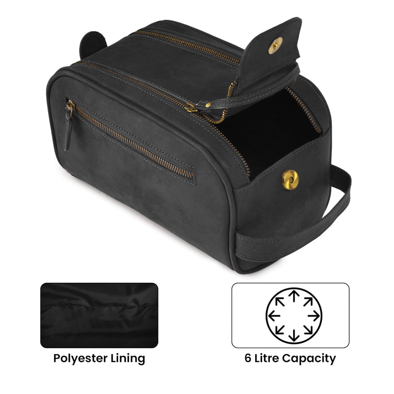 MDS® Genuine Leather Toiletry Bag for Men - Unisex Rustic Classic Vintage Handcrafted Full-Grain Leather Travel Dopp Kit with Waterproof Lining & Handle, Shaving & Grooming Kit Organizer Pouch, Black
