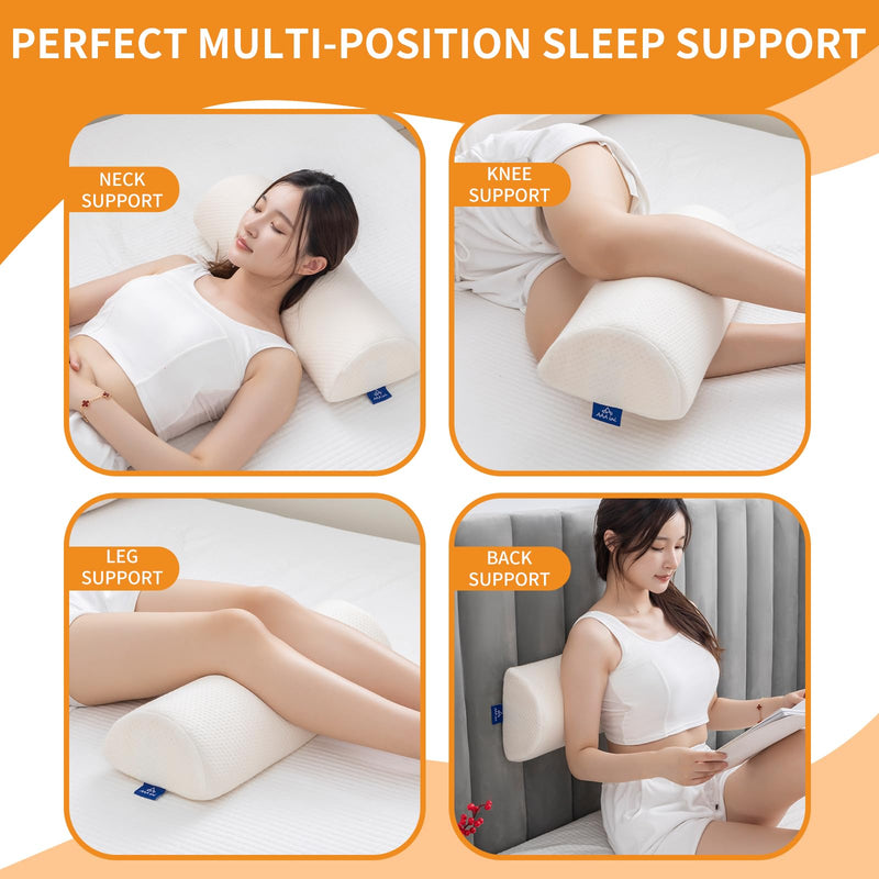 [Australia] - Half Moon Bolster Knee Pillow, Back Pain Relief Memory Foam Leg Pillow, Semi Roll Round Lumbar Leg Wedge for Side Sleepers - Reducing Head Neck Spine Hip Pressure - M White 18.5" x 8" x 4.5" 