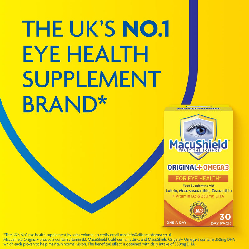 MacuShield Original+ Omega 3, Eye Supplement with Lutein, Meso-Zeaxanthin and Zeaxanthin, and Vitamin B2 which helps Support Normal Vision, 30-Day Pack