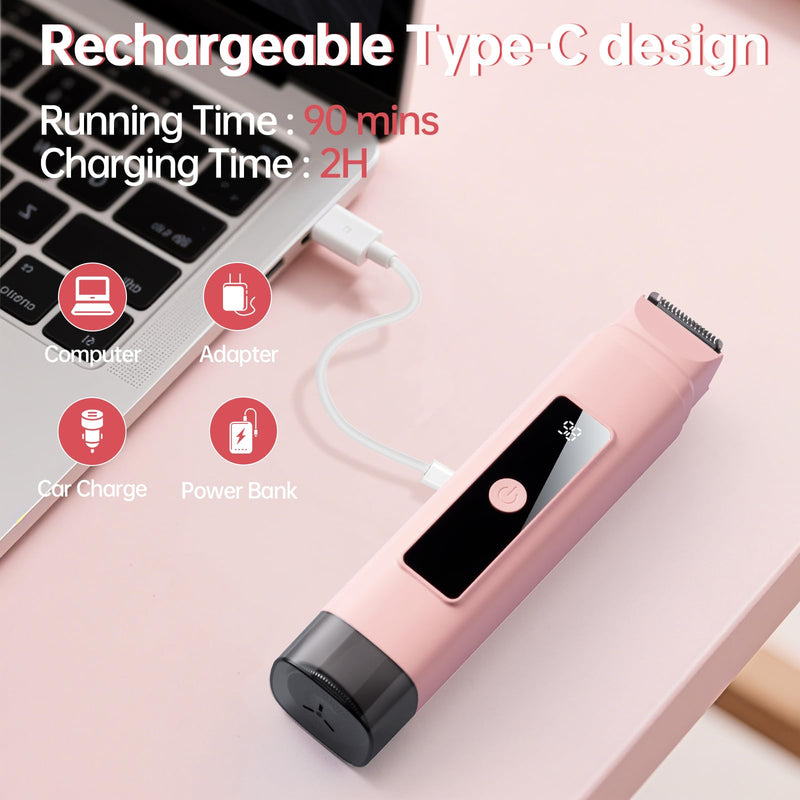 [Australia] - Bikini Trimmer for Women: 2-in-1 Electric Shaver with Digital Display,IPX7 Waterproof & Easy Cleaning& Travel Lock - Dual Head Trimmer for Underarms, Legs, Face (Pink) 
