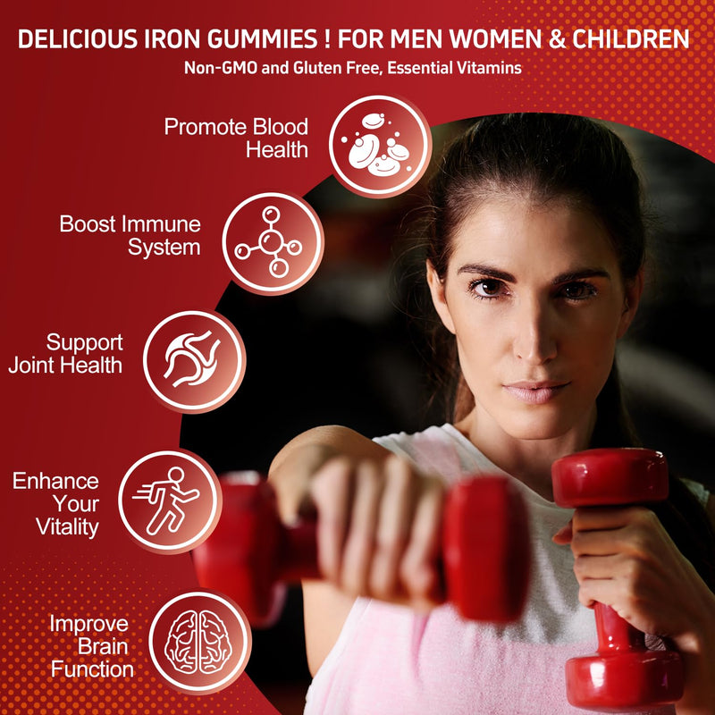 [Australia] - Iron Supplement Gummies, 65mg Iron and 250mg Vitamin C for Women Men Kids, Natural Vegan Iron Gummy with Vitamin A, B-Complex, Biotin, Zinc & Folate Energy Support & Immune Health, 60 Gummies Strawberry 60 Count (Pack of 1) 