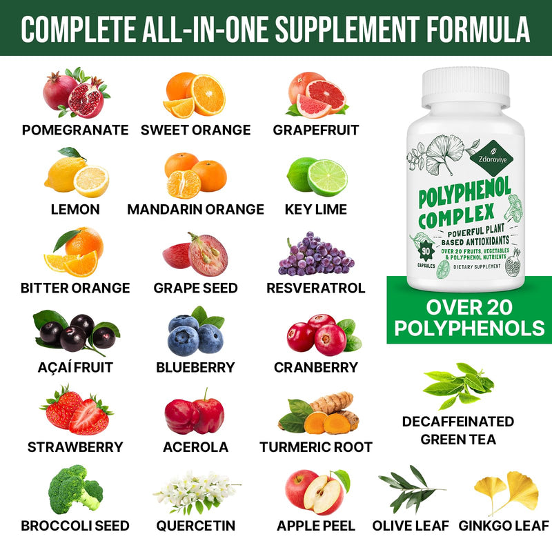 [Australia] - 2250 MG Polyphenols Supplement Over 20 Fruits, Vegetables & Polyphenols, Quercetin, Resveratrol, Turmeric, Green Tea, Powerful Antioxidants, Polyphenols for Age Defense, Immune System, 90 Capsules 90 Count (Pack of 1) 