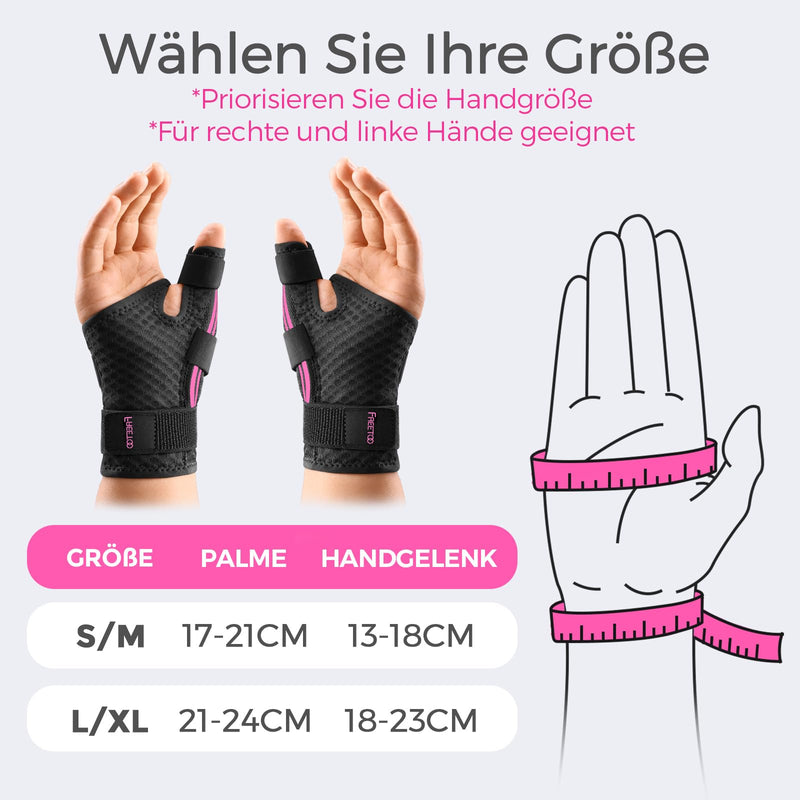 [Australia] - FREETOO Ergonomic thumb bandage right and left, breathable and soft thumb splint, thumb orthosis for osteoarthritis, tendonitis, snap thumb, women and men black/pink S/M 