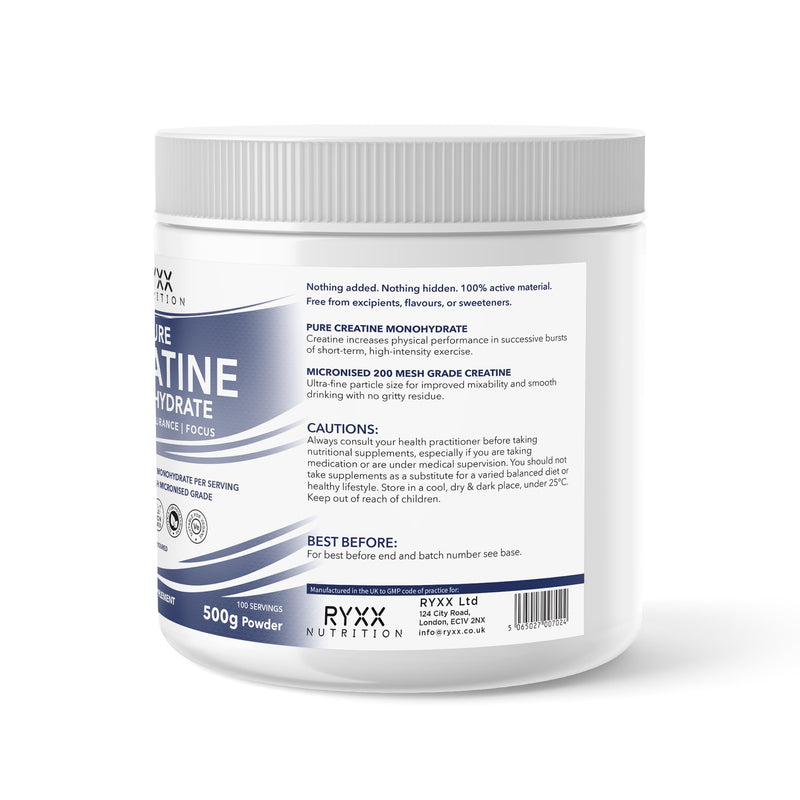 RYXX Pure Creatine Monohydrate 500g | 5g Per Serving | Micronised Unflavoured Creatine Powder for Strength Training, Gym & High Intensity Performance | 100 Servings