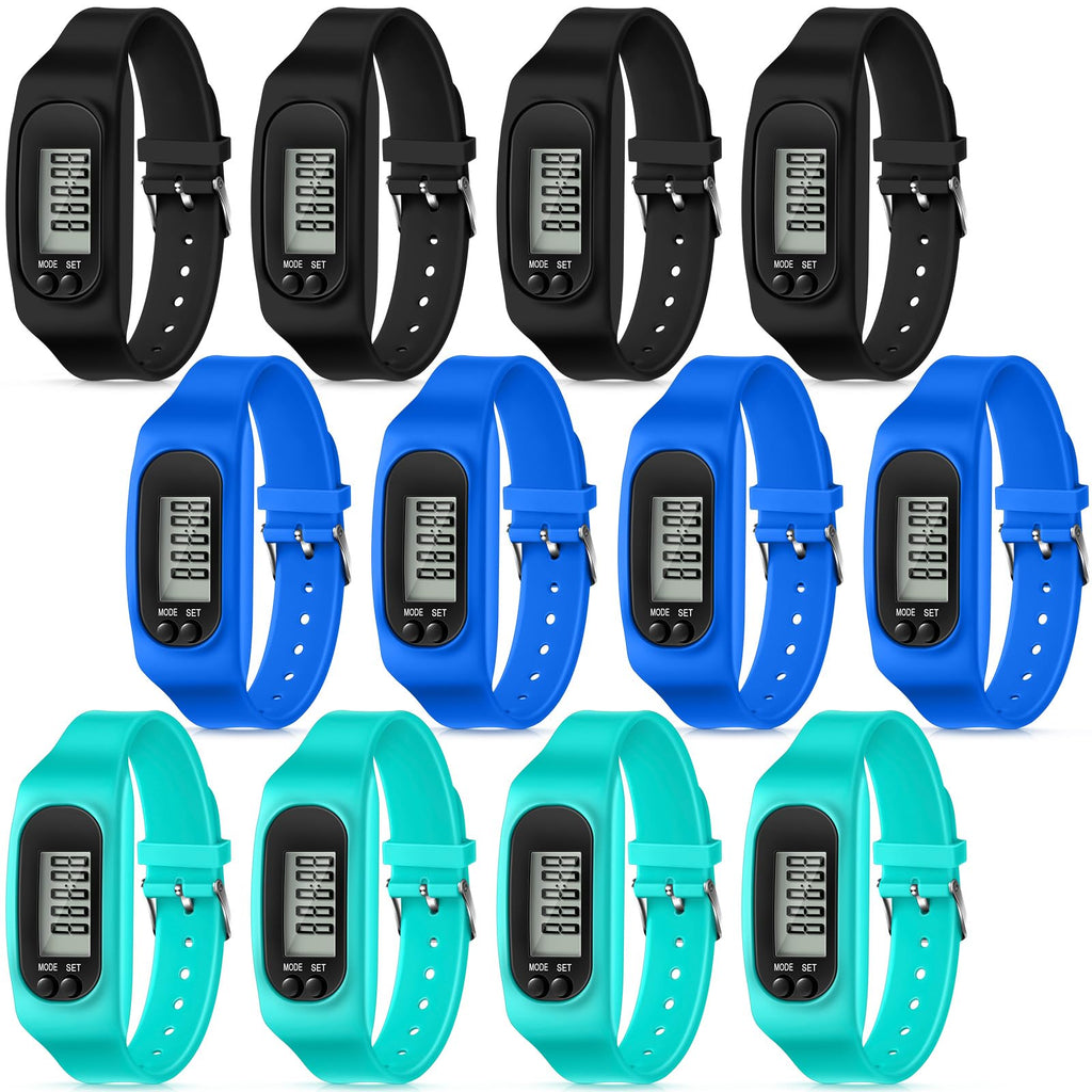 Geyoga 12 Pcs Pedometer for Walking Steps and Miles Pedometer Watch Silicone Steps Tracker Running Pedometer Bracelet Ankle Step Counter for Calorie Burning and Step Counting Mint, Blue, Black