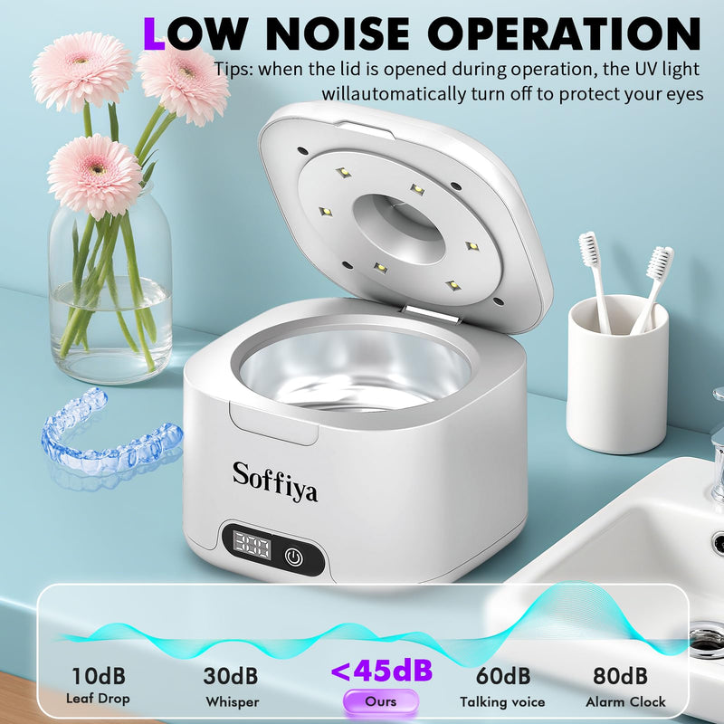 [Australia] - Dental Ultrasonic Retainer Cleaner Machine: Soffiya 49kHz Denture Cleaner with 350ML for Cleaning Dentures, Mouth Guards, Aligner, Braces, Toothbrush Head & Jewelry - UV Cleaner with 4 Digital Timers 