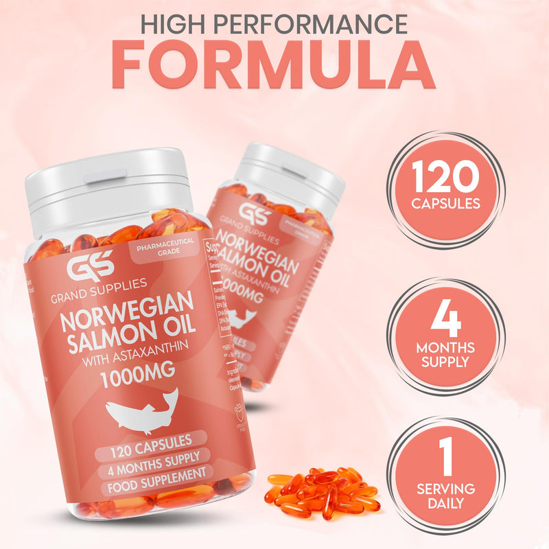 Norwegian Salmon Oil - 1000mg - 4 Months Supply - DHA,DPA,EPA & Astaxanthin - Omega 3 6 9 Capsules High Strength -Burpless Taste - 120 Days Supply