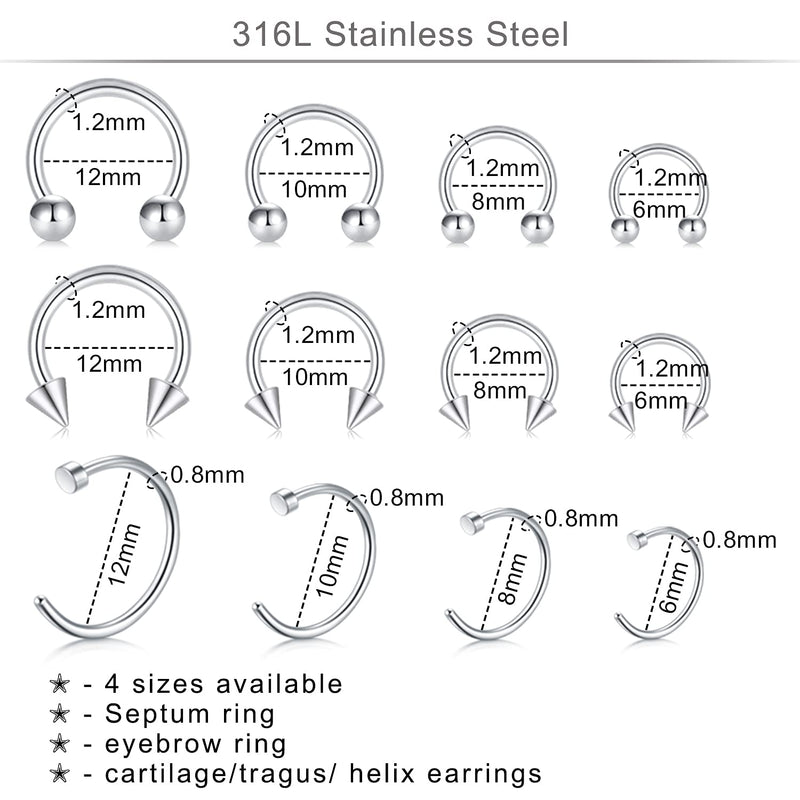 JIESIBAO 66-113pcs Mixed Piercing Kit,Piercing Kits for All Piercings Stainless Steel 14G 16G 18G 20G Nose Septum Cartilage Tragus Earrings Belly Nipple Tongue Lip Ring 1-75PCS-Mixed-size