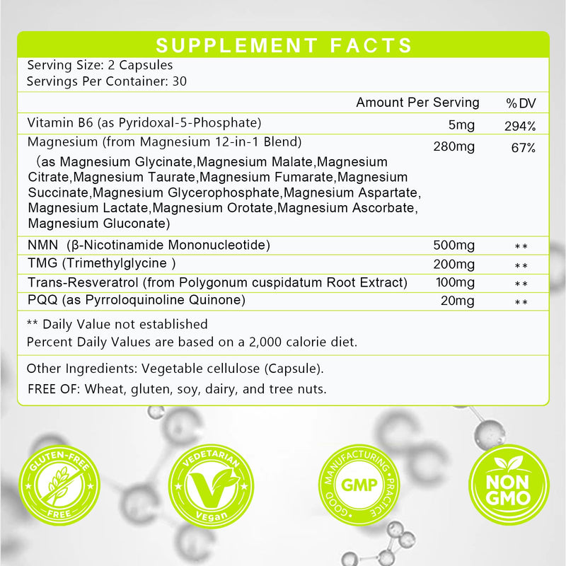 Magnesium Complex Supplement for Women and Men with NMN Supplement 2-Pack | 17-in-1 TMG, Resveratrol, PQQ & Vitamin B6,Sleep & Relaxation, Nervous System, NAD+ Level & Cellular Energy Support 60 Count (Pack of 2)