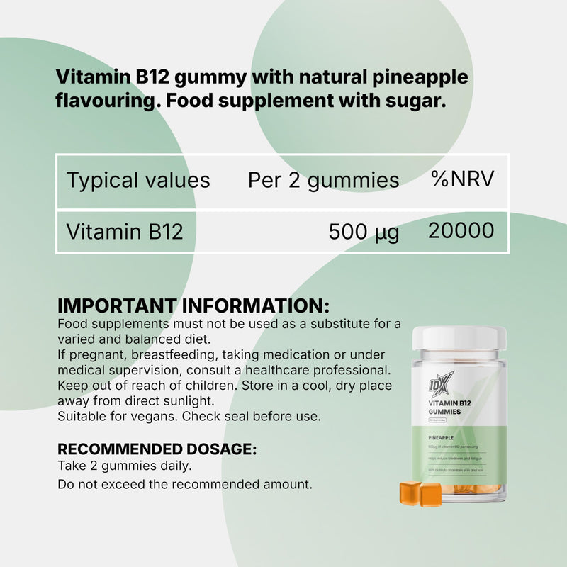 Vitamin B12 Gummies – Pineapple Flavour | Vegan B12 for Energy, Focus & Mental Clarity | Energy Metabolism | Immune Support | Fatigue Relief | Vitamins for Men & Women | 60 Gummies