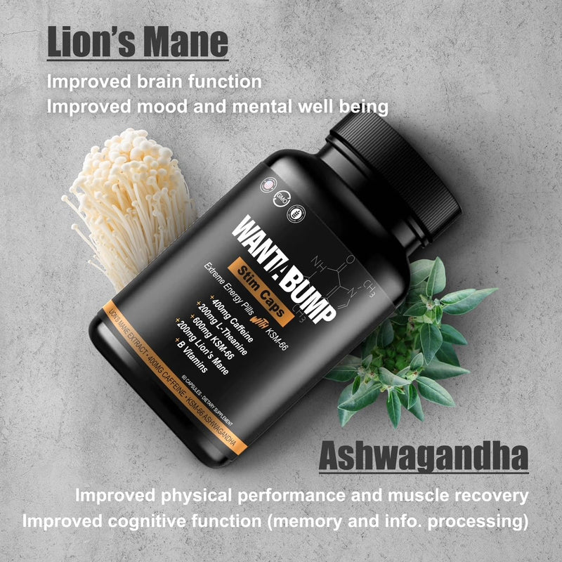 Want A BUMP [Original] Extreme Energy Pills | 400mg of Caffeine | B-Vitamins | 600mg Ashwagandha | 200mg Lion's Mane | 200mg L-Theanine | Helps Enhance Focus, Energy & Mood | USA Made