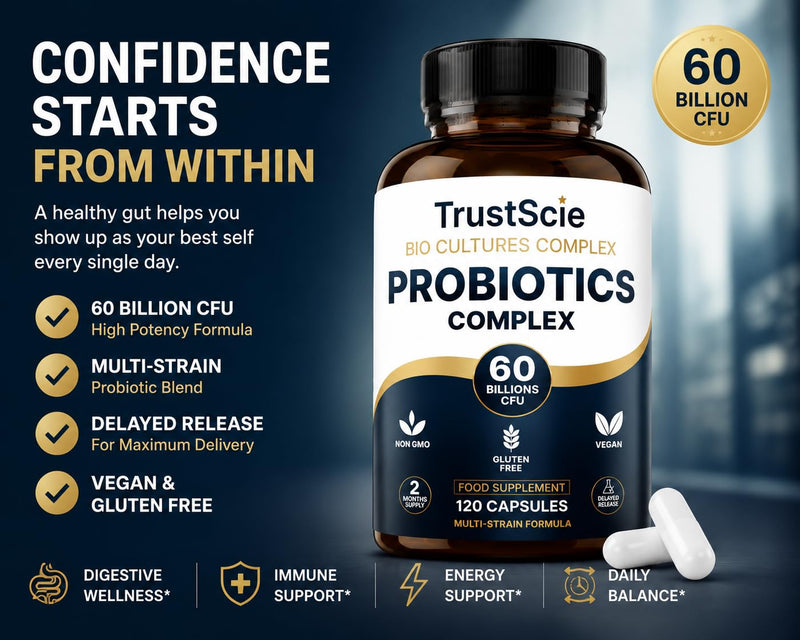 Probiotics for Gut Health & Bloating Support – 60 Billion CFU – 20 Live Cultures with Lactobacillus & Bifidobacterium – Delayed Release Capsules – 2 Month Supply