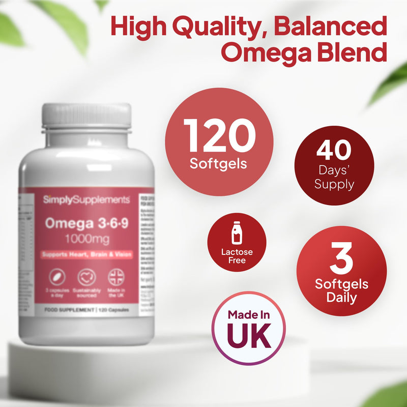 Omega 3 6 9 1000mg Fish Oil | Supports Heart, Brain & Vision Health | 120 Softgels = 40 Days’ Supply | High-Strength Essential Fatty Acids | Purified Fish Oil, Flaxseed & Sunflower Oil | UK-Made Unflavoured 120 count (Pack of 1)