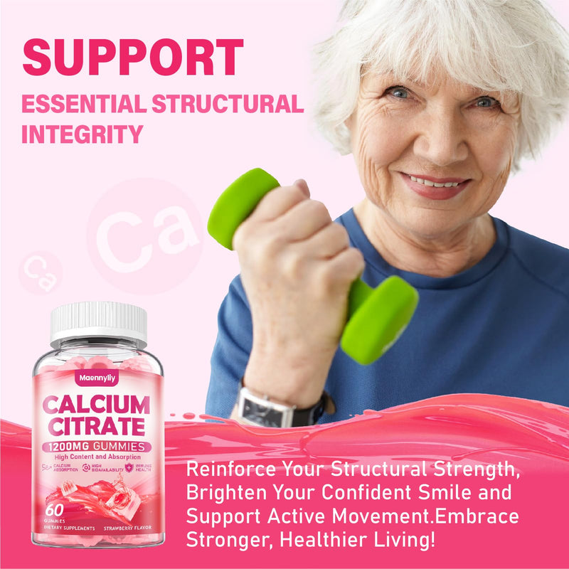 Calcium Citrate Gummies 1200 mg for Adults - Ultimate Absorption Calcium | Easy to Digest, Vegan, Non-GMO, Gluten Free - Calcium Supplement for Women & Men - Natural Strawberry Flavor, 60 Gummies 60 Count (Pack of 1)