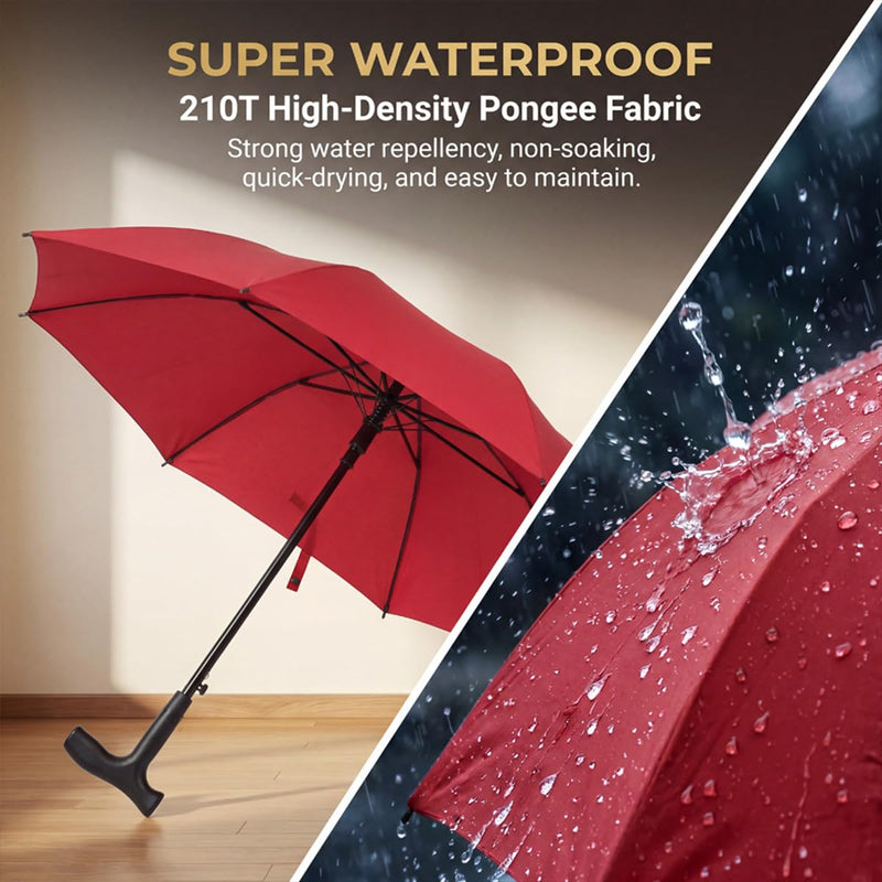 2-in-1 Walking Sticks Umbrella - Windbreak Ribs Walking Cane Umbrella Lightweight, Windproof, Heavy-Duty Frame- Ideal Father's Gift for Climbing, Hiking, Hanging Out on Raining Red