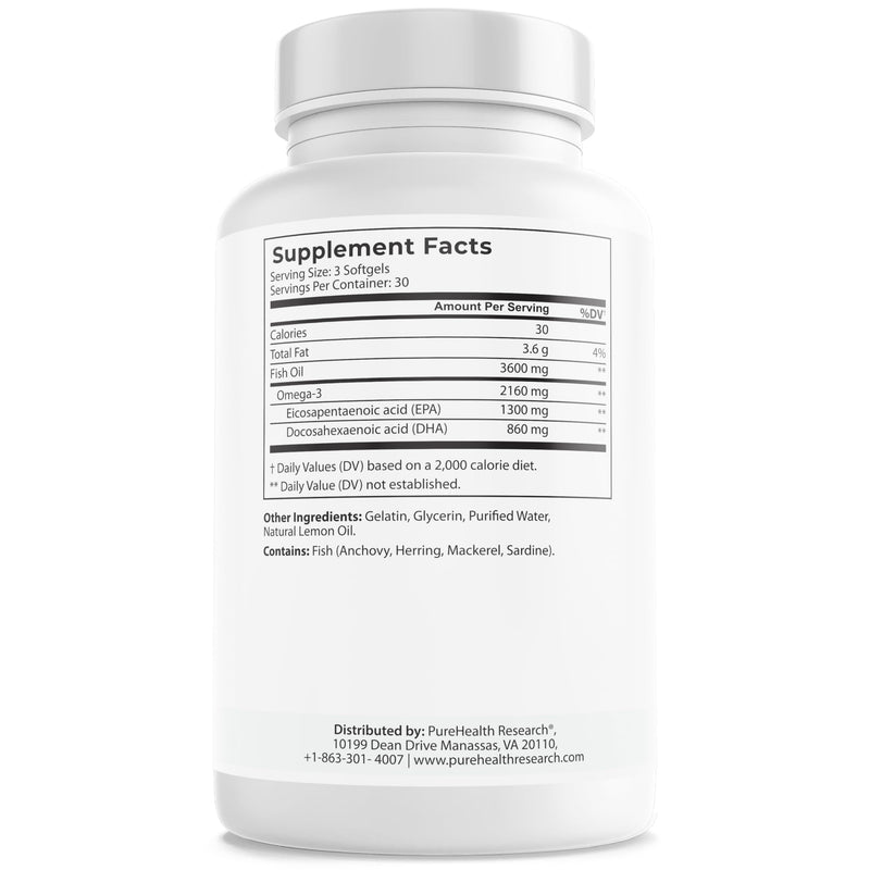 PUREHEALTH RESEARCH Complete Omega 3 Fish Oil Softgels | Omega-3 Fatty Acid Supplements for Women & Men - EPA DHA Supplement for Hearth, Brain & Vision Support - 90 Soft Gels
