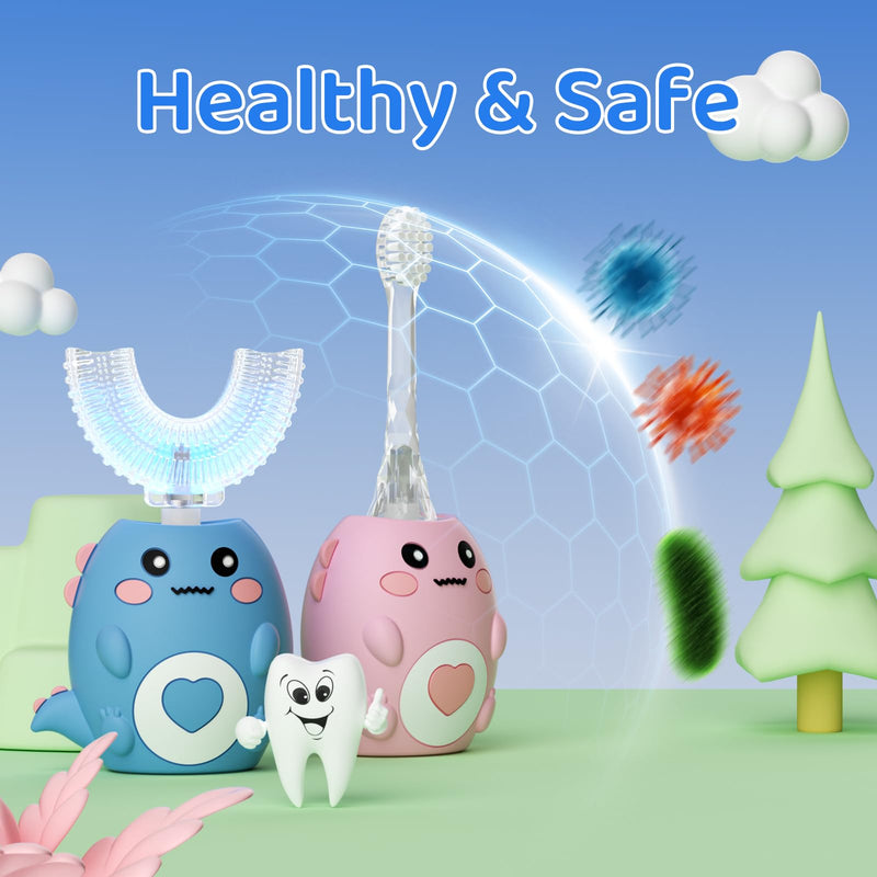 Kids U Shaped Electric Toothbrush, with 3 Cleaning Modes, with 4 Brush Heads, 360° Sonic Automatic Toothbrush, IPX7 Waterproof Cartoon Dinosaur Design (Ages 2-12) Dark Blue