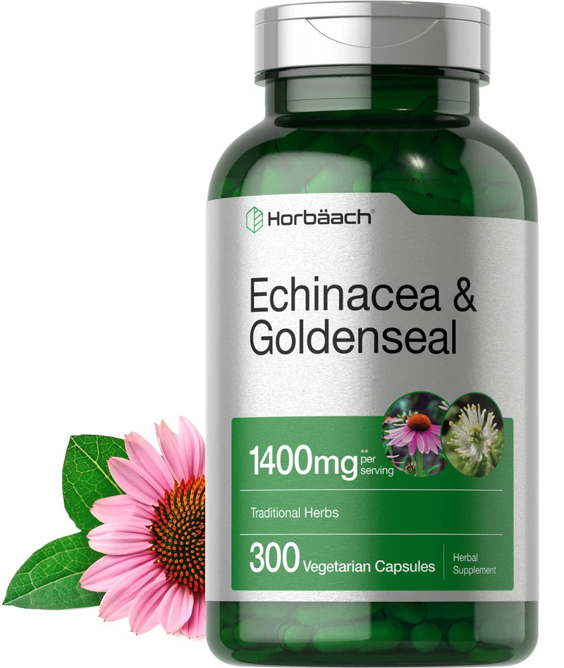 Horbäach Echinacea Goldenseal Capsules | 1400mg | 300 Count | Vegetarian, Non-GMO, Gluten Free Extract Supplement