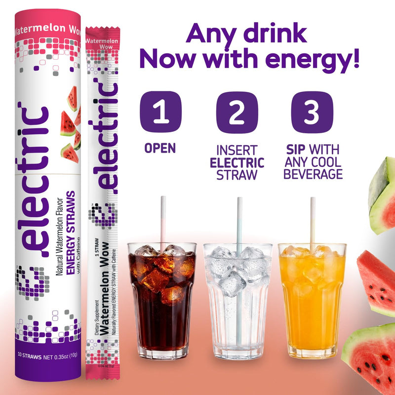 Electric Energy Drink Straws - Watermelon Wow 10 Straws - 100mg Caffeine, L-Theanine, B Vitamins - Zero Sugar, Zero Calories 0.03 Ounce (Pack of 10)