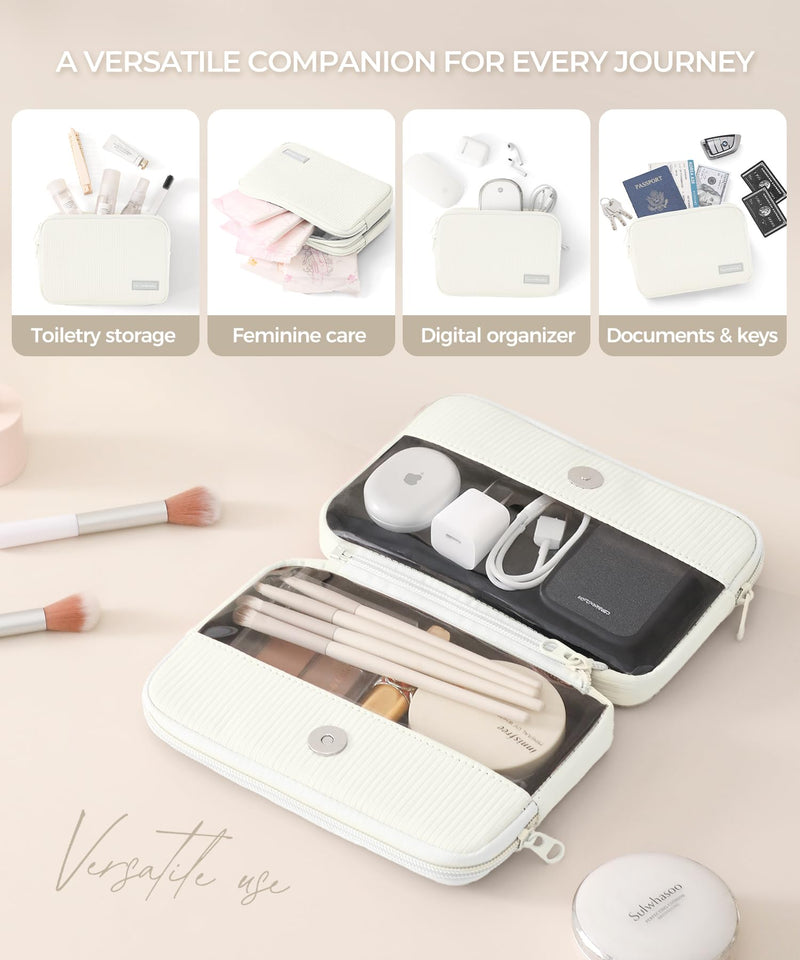 Makeup Bag Set for Women, 2 Pcs Corduroy Travel Cosmetic Organizer, Detachable Clear Pouch and Shell Shape Case, Waterproof Toiletry Storage for Beauty Essentials, Off-white