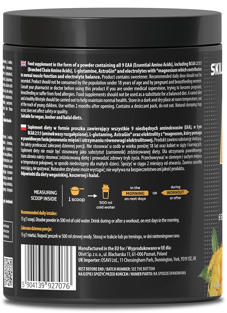 Skill Nutrition EAA + Electrolytes - Mango Flavour | 6.5 g EAA per Serving | BCAA 2:1:1, 1000 mg L-Glutamine, Electrolytes & AstraGin® | Powder Supplement | 450 g