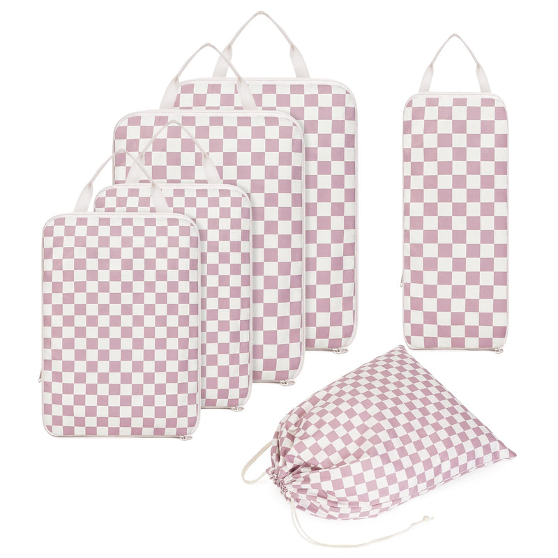 Narwey Small Checked Hanging Travel Toiletry Bag with 6 Set Compression Checkered Packing Cubes