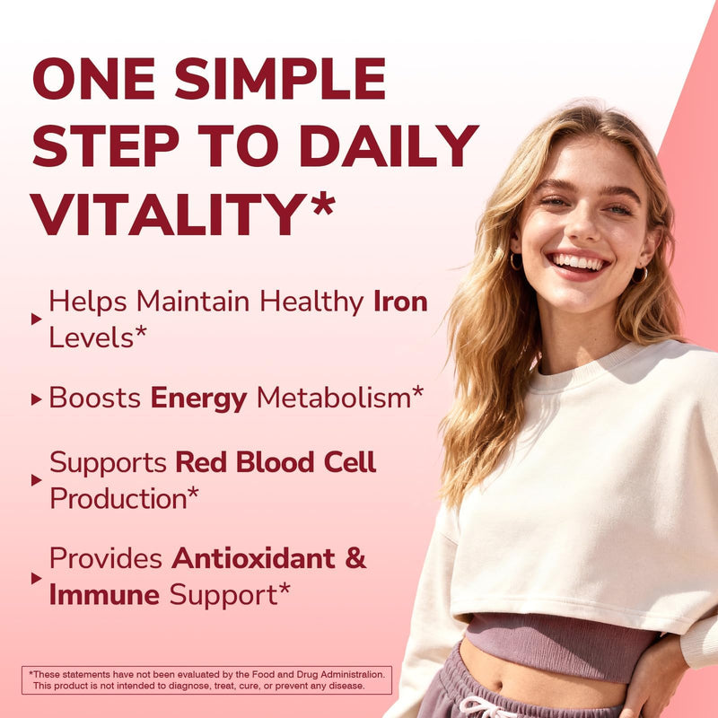 Vitalibre Iron Supplement for Women & Men, 65 mg, Ferrous Sulfate, Vitamin C, D3, B6, B12, Folate, Beet Root, Spinach, Pumpkin Seeds, Nettle, for Red Blood Cell & Energy Production, 60 Tablets 60 Count (Pack of 1)