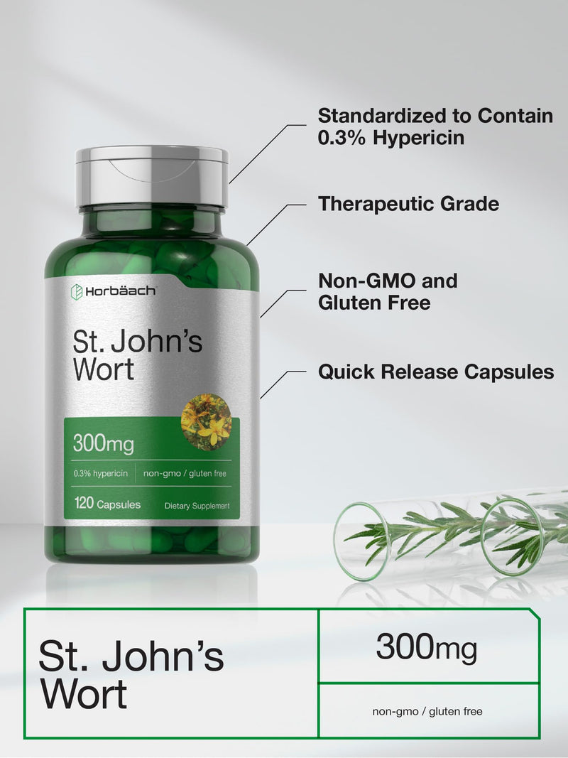 Horbäach St John's Wort Capsules 300mg | 120 Count | Non-GMO, Gluten Free | Herbal Extract