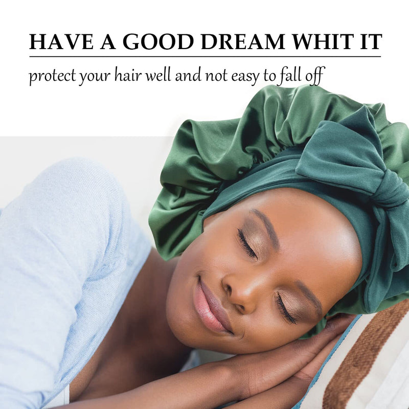 [Australia] - Satin Silk Hair Bonnet for Sleeping Large Bonnets with Tie Band Hair Wrap with Adjustable Straps Hair Cap Night Sleep Caps for Women Curly Braid Hair Hunter Green 