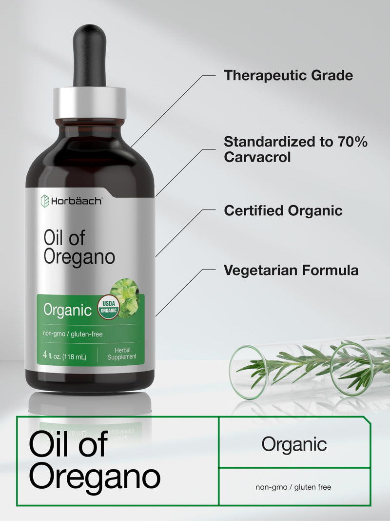 Horbäach Organic Oil of Oregano Drops 4 fl oz Liquid | Vegan | Non-GMO, Gluten Free