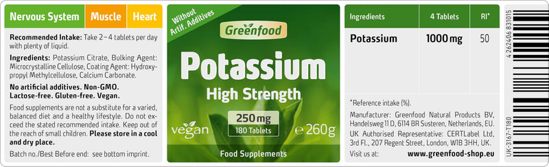 Greenfood Potassium, 250 mg,180 Tablets - contributes to Normal Nervous System Function, Muscle Function and Blood Pressure. Without Artificial additives. Without Genetic Engineering. Vegan. 180 Tablets