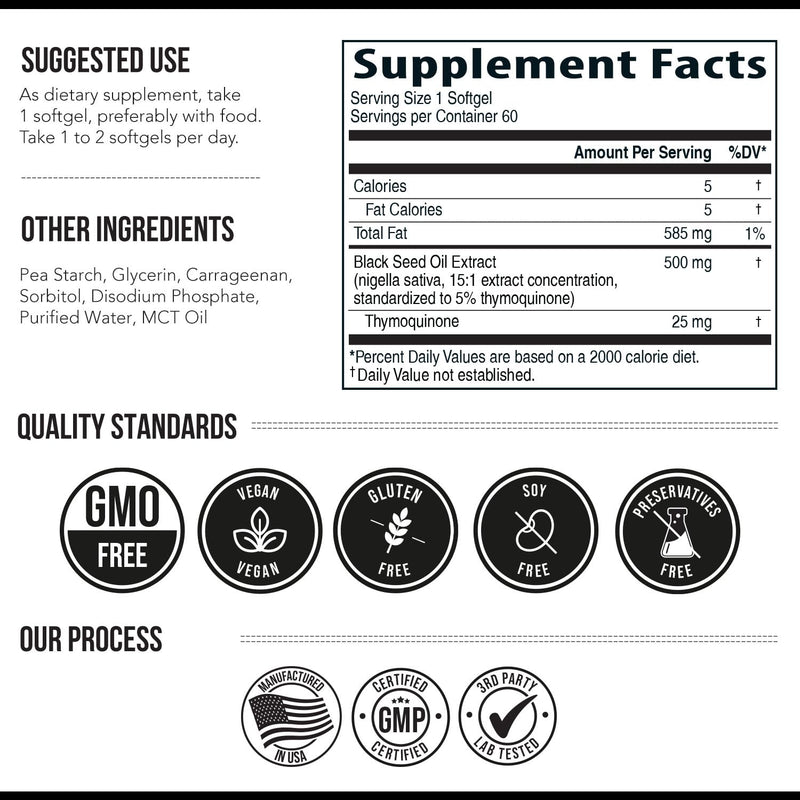 [Australia] - Black Seed Oil Capsules | 5% Thymoquinone - TQ-Advanced® | Maximum Strength - 500 mg of Oil per Capsule - 15:1 Oil Concentrate from Nigella Sativa, Raw Form, Vegan, Glass Bottle (60 Capsules) 
