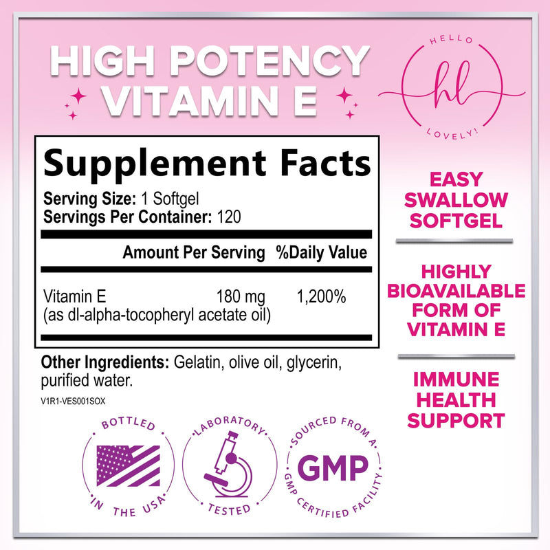 Vitamin E - 180 mg per Serving - Powerful Hair & Skin Support Supplement - dl-Alpha VitaminE Immune Health Support with Antioxidants - Easily Absorbed GMO & Gluten Free, Bottled in USA - 120 Softgels 120 Count (Pack of 1)
