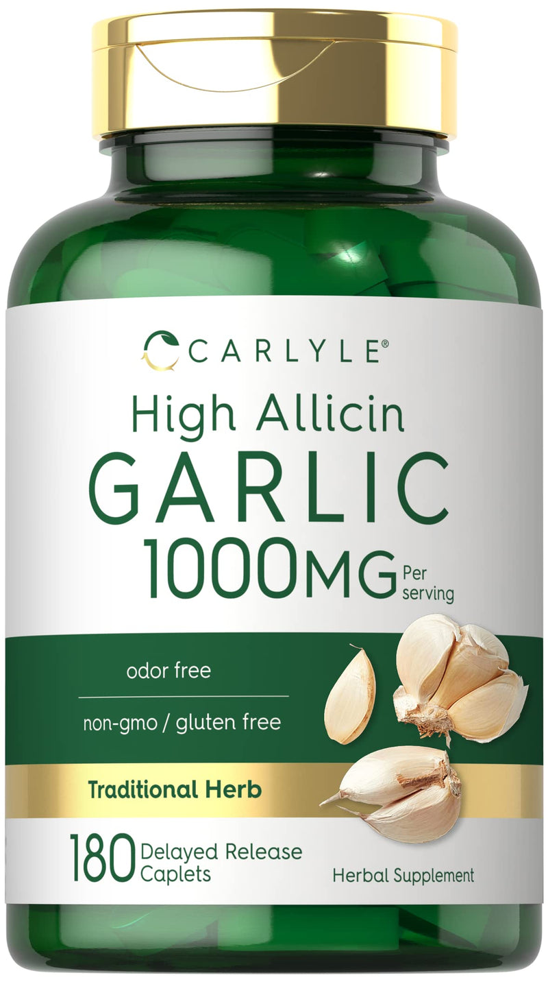 Carlyle Garlic Supplement with High Allicin | 180 Caplets | Odorless Garlic Pills | Vegetarian, Non-GMO, Gluten Free