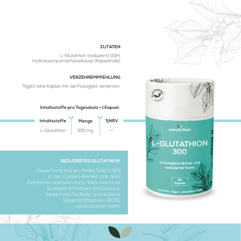 [Australia] - L-Glutathione reduces 300 mg per capsule | 90 capsules | in biologically active form | 98% purity | good bioavailability and tolerability | Vegan | 100% paper packaging 