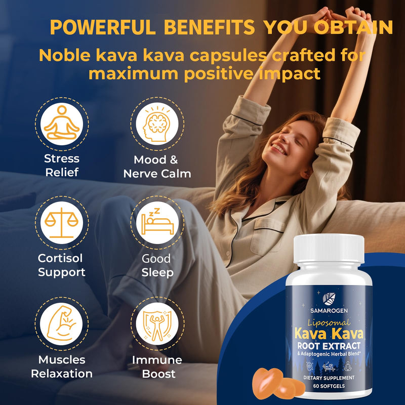 [Australia] - Kava Kava Capsules Root Extract Supplement Liposomal 55% Kavalactones with Ashwagandha Chamomile Lemon Balm Passionflower for Relax & Good Sleep (60 Softgels) 60 Count (Pack of 1) 