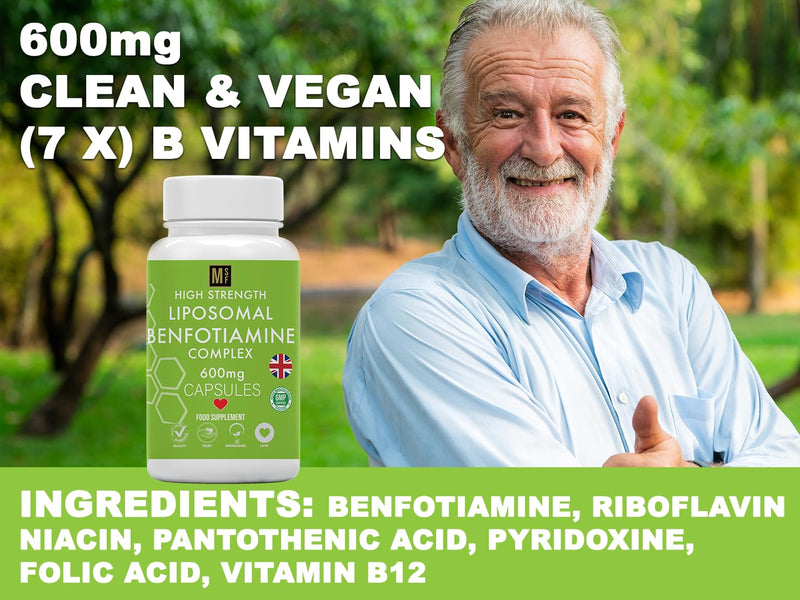 Benfotiamine and Thiamine B1 | High Strength 600mg | 1-A-Day, 4 Month Supply | 120 Vegan Capsules | Fat Soluble for Heart & Kidney | Eye & Nerve Repair, Liposomal Max Absorbtion Formula, All Natural