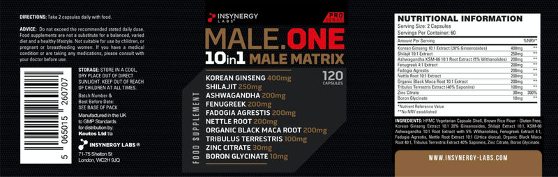Male One 10 in 1 Male Matrix Supplement for Men, Ashwagandha, Maca, Fenugreek, Muscle Growth, Energy, Drive, Strength, Recovery (2 Month Supply)
