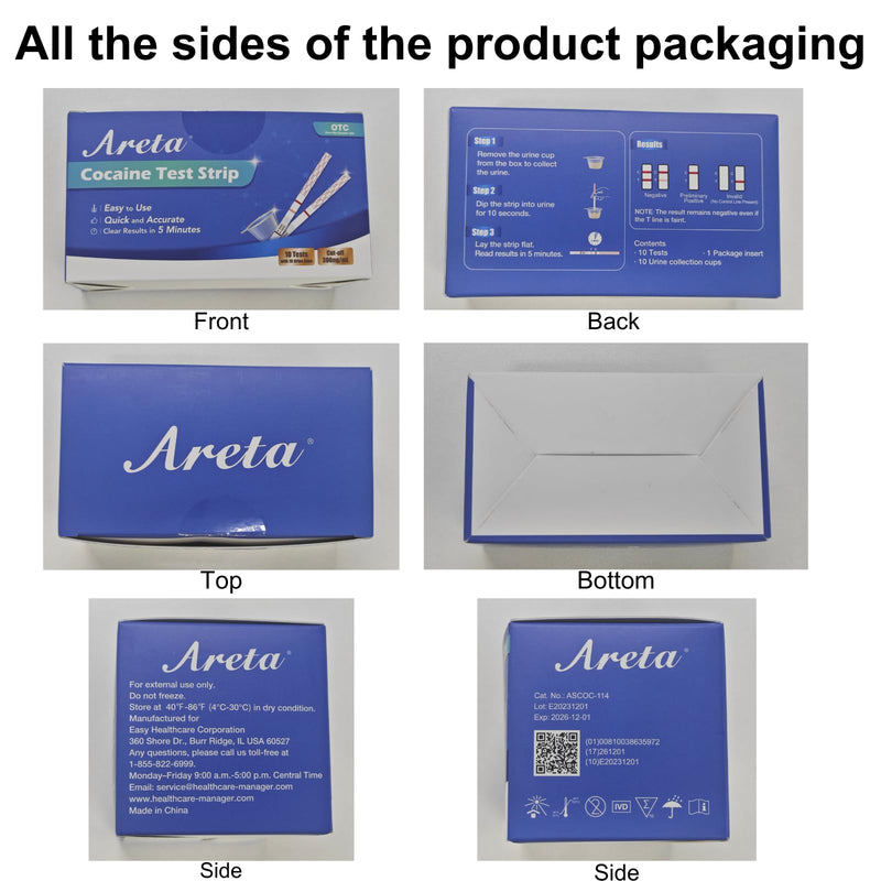Areta Cocaine Test Strip: Highly Sensitive Cocaine Drug Test Strips, 10 Pack Cocaine Home Screen Testing Kit, 300 ng/mL Cutoff, Instant Results in 5 Min -#ASCOC-114 | Instant Precise Home Cocaine Tests Coke Dipstick with Cups, 300 ng/mL Cutoff Instant ...
