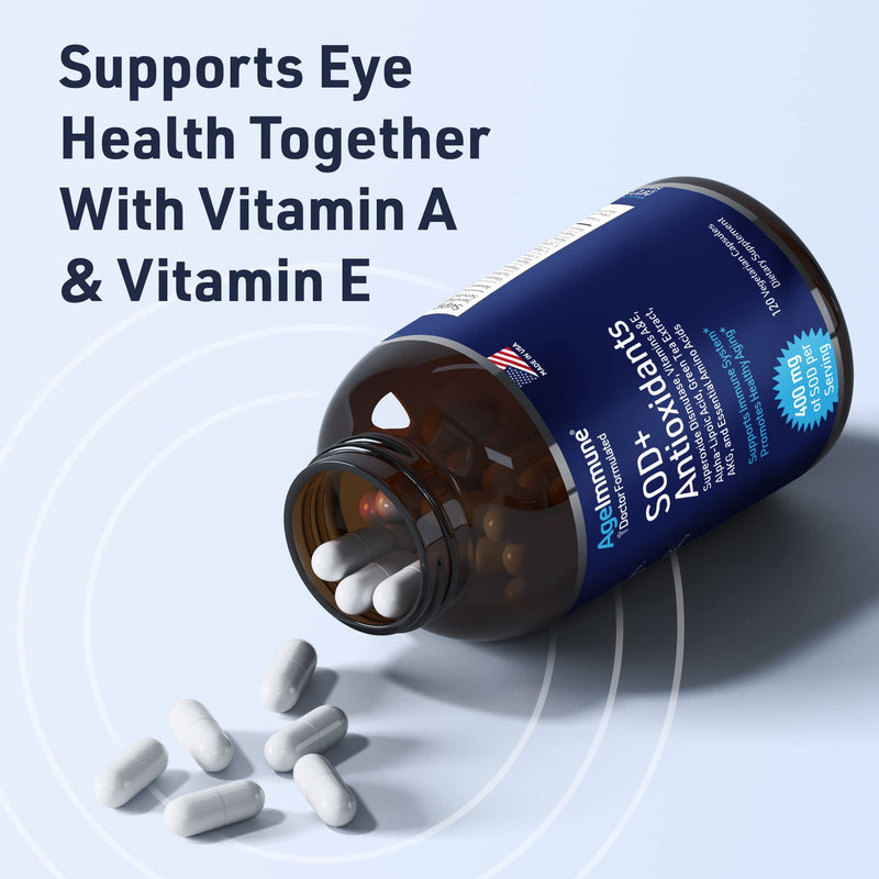 [Australia] - SOD Antioxidants Complex Healthy Aging Supplement - 400mg of Superoxide Dismutase - Alpha Lipoic Acid - Green Tea Extract - L-Arginine - Lysine - AKG - Vitamins A and E for Immune Support-120 Capsules 120 Count (Pack of 1) 