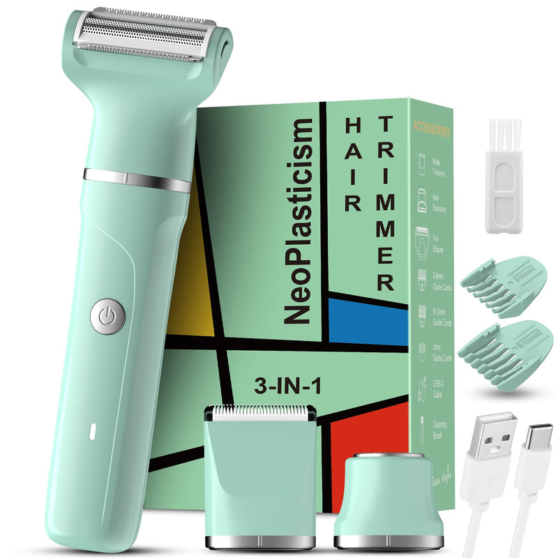 Bikini Trimmer for Women - 3 in 1 IPX7 Waterproof Electric Razors for Women,Body Pubic Hair Electric Shaver for Womens & Facial Hair Remover,Rechargeable Wet/Dry for Body,Underarm,Leg(Mint Green)